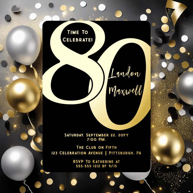 Minimalist Typography 80 80th Birthday Party Foil Invitation (Elegant Minimalist Typography "80" 80th Birthday Party Foil Invitation)
