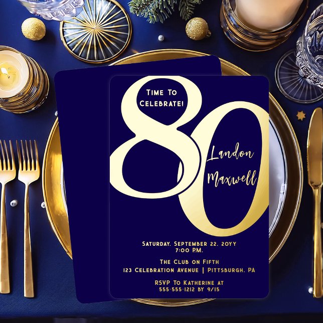 Minimalist Typography 80 80th Birthday Party Foil Invitation (Elegant Minimalist Typography "80" 80th Birthday Party Dark Blue and Gold Foil Invitation)