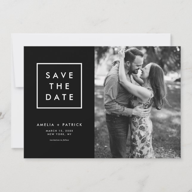 Minimalist Typography Black and White Photo Save The Date (Front)