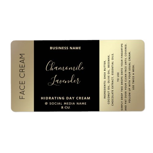 Minimalist typography black gold face cream serum label