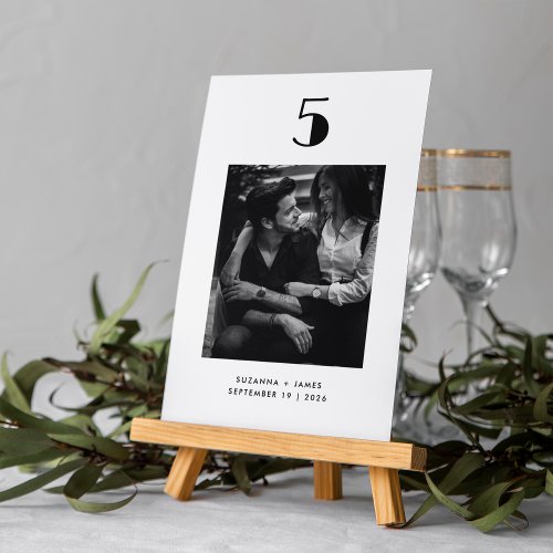 Minimalist Typography Black White Photo Wedding Table Number