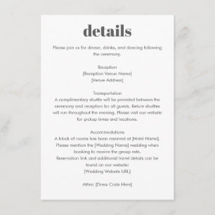 Minimalist Typography Black White Wedding Details Enclosure Card