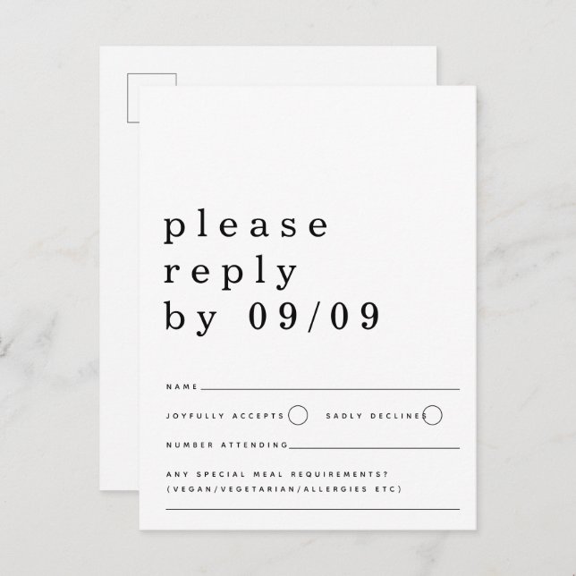 Minimalist Typography Black White Wedding RSVP Postcard (Front/Back)