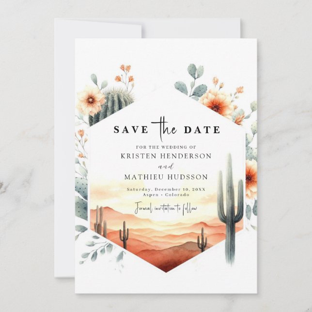Minimalist Typography Cactus Wedding Save The Date (Front)