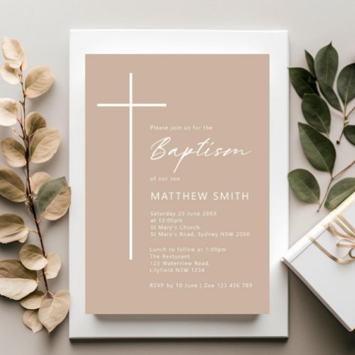 Minimalist Typography cross beige cream baptism Invitation
