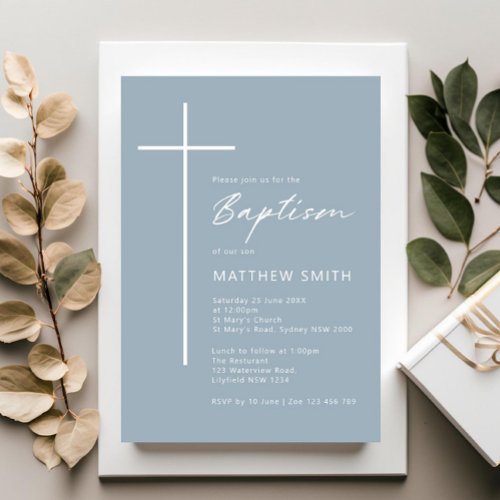 Minimalist Typography cross blue baptism Invitation