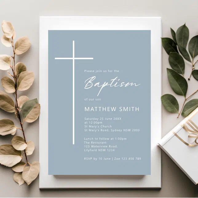 Minimalist Typography cross blue baptism Invitation | Zazzle