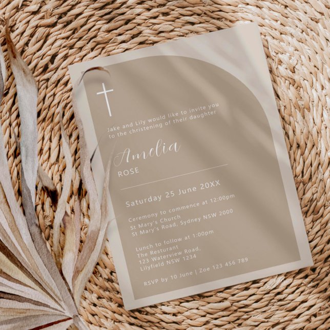Minimalist Typography cross cream arch baptism Invitation (Creator Uploaded)