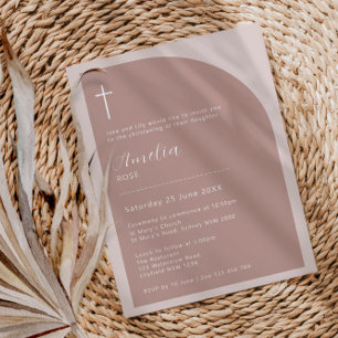 Minimalist Typography cross pink rose arch baptism Invitation