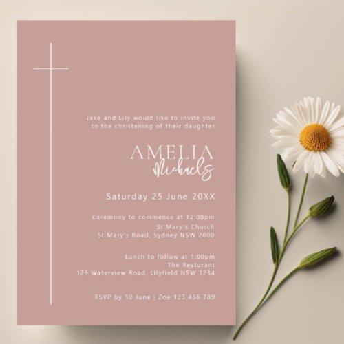 Minimalist Typography cross rose pink arch baptism Invitation
