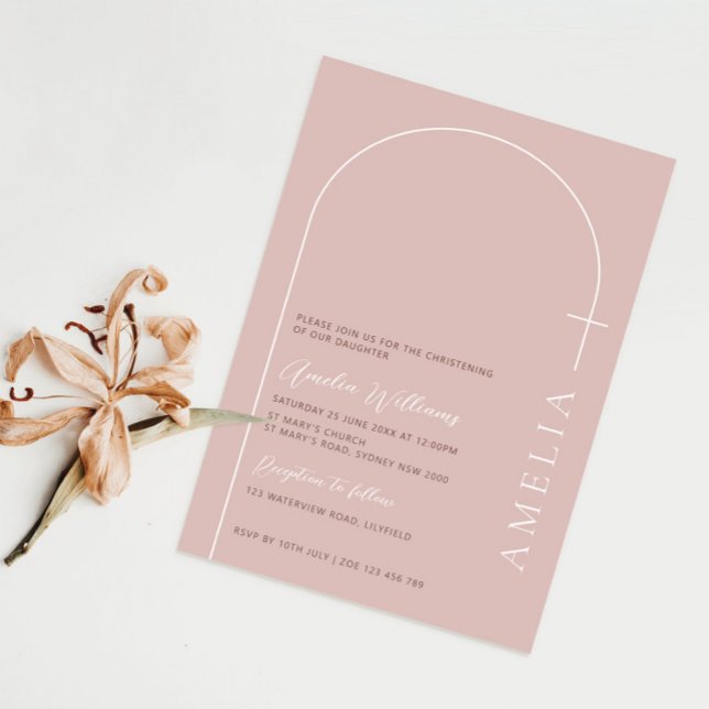 Minimalist Typography cross rose pink arch baptism Invitation (Creator Uploaded)