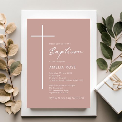 Minimalist Typography cross rose pink baptism Invitation