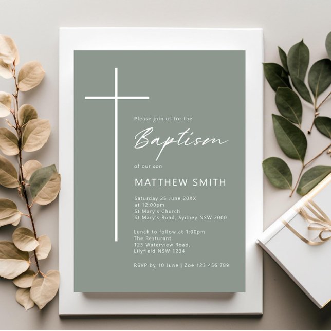 Minimalist Typography cross sage green baptism Invitation (Creator Uploaded)