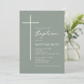 Minimalist Typography cross sage green baptism Invitation | Zazzle