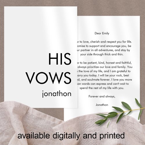 Minimalist Typography Custom Any Color His Vows Card