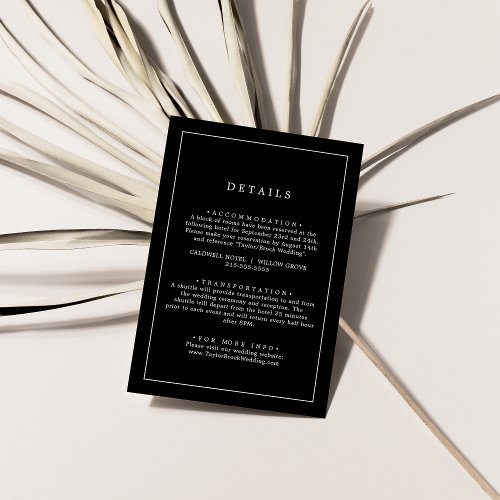 Minimalist Typography  Dark Black Wedding Details Enclosure Card