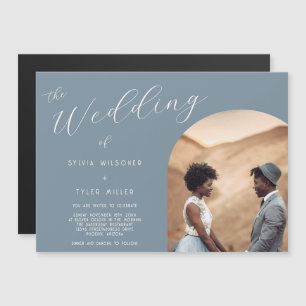 Minimalist Typography Dusty Blue Photo Wedding Magnetic Invitation