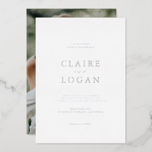 Minimalist Typography Elegant Photo White Wedding Foil Invitation