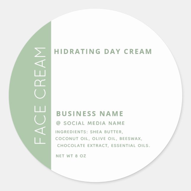 Minimalist typography green  white face cream   classic round sticker (Front)