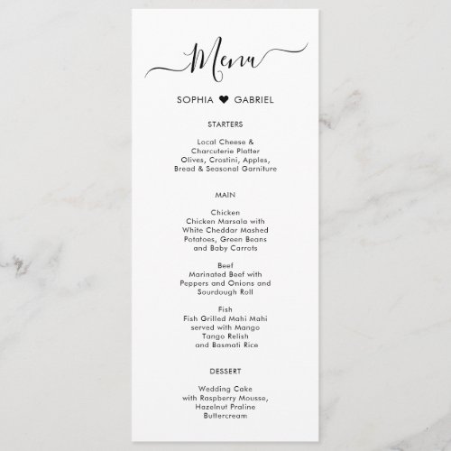 Minimalist Typography Heart Wedding Menu Card