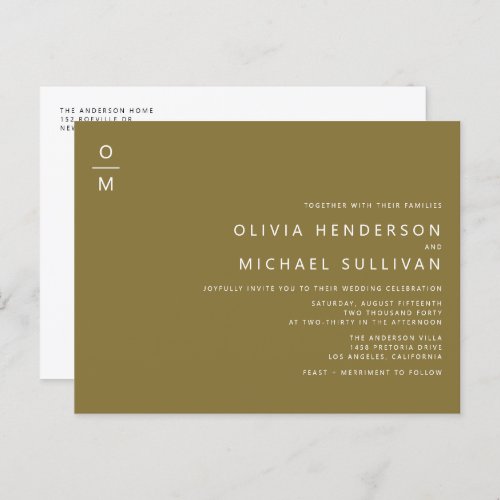 Minimalist Typography Monogram Gold Wedding Invitation Postcard