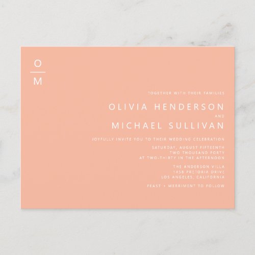 Minimalist Typography Monogram Peach Wedding Invitation Postcard