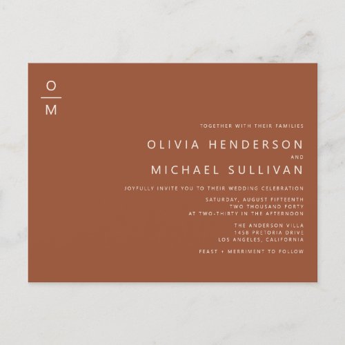 Minimalist Typography Monogram Terracotta Wedding Invitation Postcard