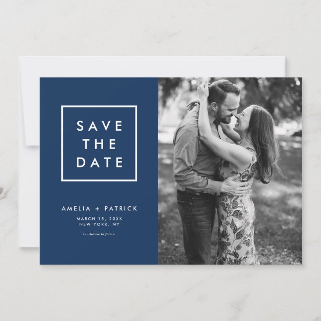 Minimalist Typography Navy Blue Photo Save The Date (Front)