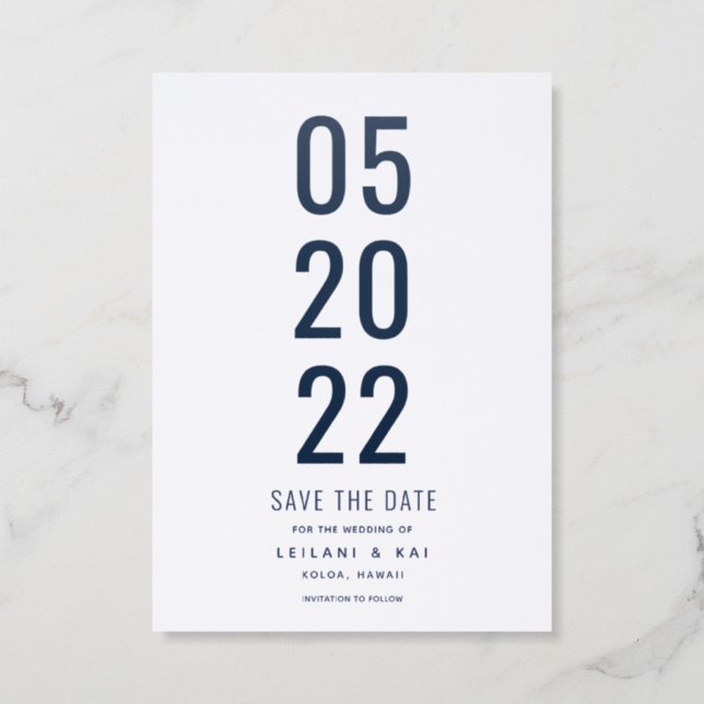 Minimalist Typography Navy Blue Save the Date  Letterpress Photo Cards (Front)