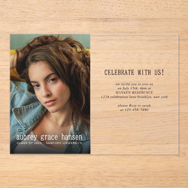 Minimalist Typography Photo Graduation Acrylic Invitations (Front)