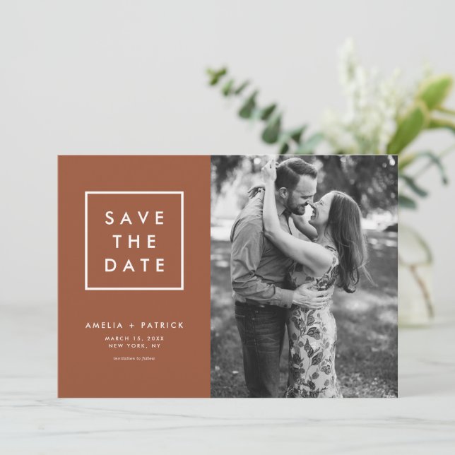 Minimalist Typography Terracotta Photo Save The Date (Standing Front)