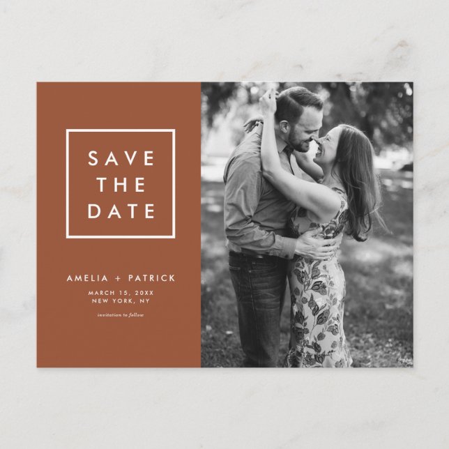 Minimalist Typography Terracotta Save the Date Announcement Postcard (Front)