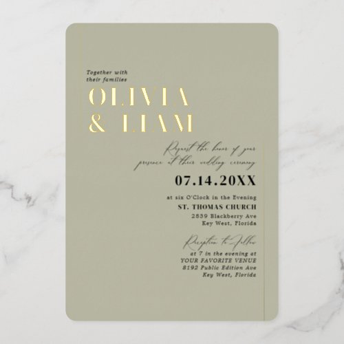 Minimalist Typography Wedding Green Sage Gold Foil Invitation