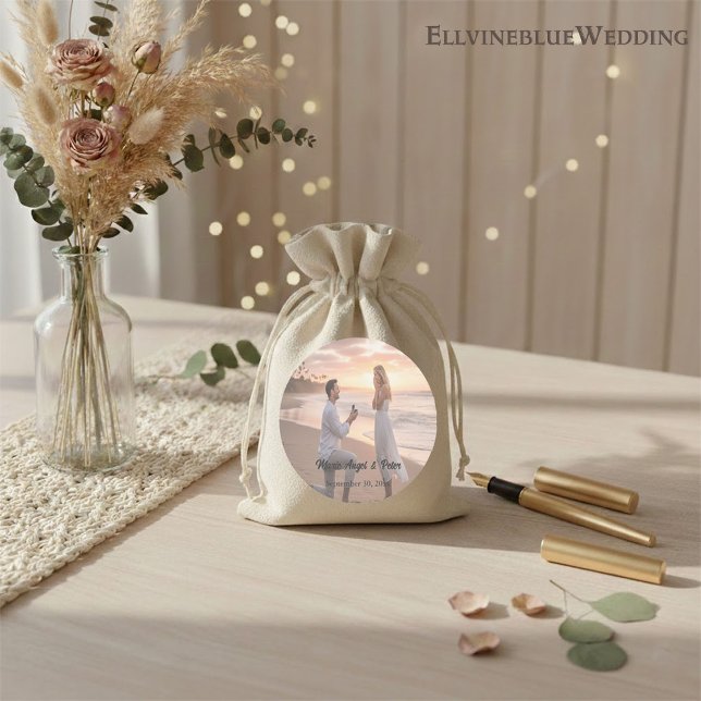 Minimalist Typography Wedding Photo Round Classic Round Sticker (Creator Uploaded)