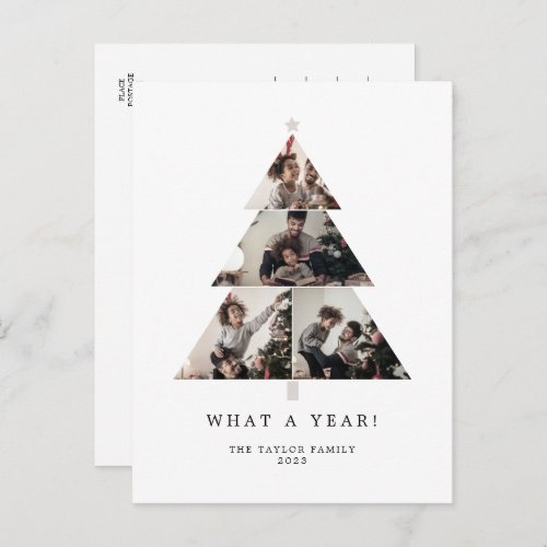 Minimalist Typography What A Year Christmas Tree Holiday Postcard