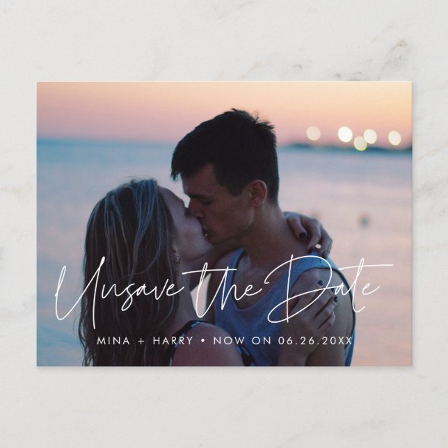 Minimalist Unsave the date wedding announcement Postcard (Front)