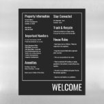 Minimalist Vacation Rental Guest Information Sign Magnetic Dry Erase Sheet<br><div class="desc">Put this Guest Information Welcome Sign right on the refrigerator for all visitors to see.  Perfect for all Vacation Rentals or Airbnbs,  this magnet has a minimalist modern theme with white typography and black background.  It is printed on a durable magnet.

Customize all the details to fit your rental.</div>