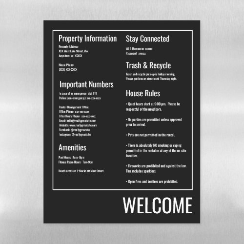 Minimalist Vacation Rental Guest Information Sign Magnetic Dry Erase Sheet