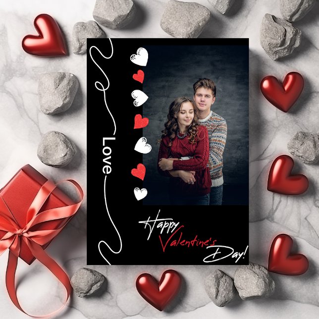 Minimalist Valentines Day Couple Photo Red & Black Holiday Card (Happy Valentines Day Couple Photo card )