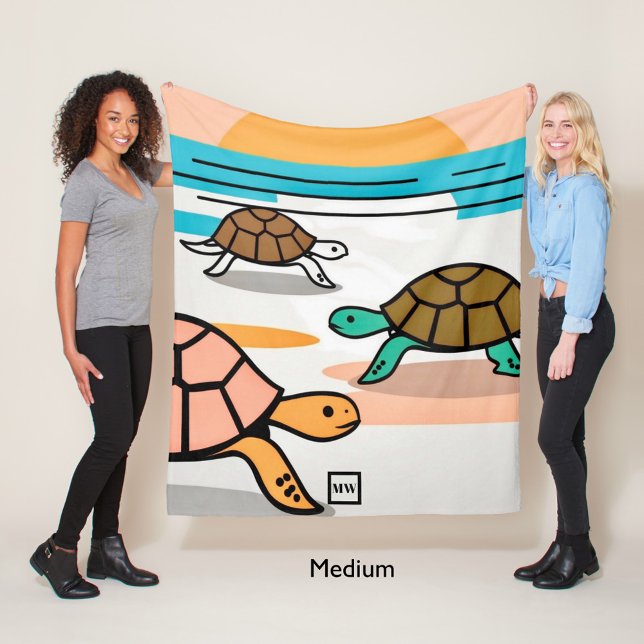 Minimalist vector turtles on beach monogram fleece blanket (Creator Uploaded)
