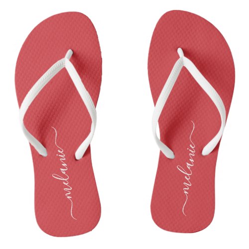 Minimalist Vermilion Custom Script Name Flip Flops