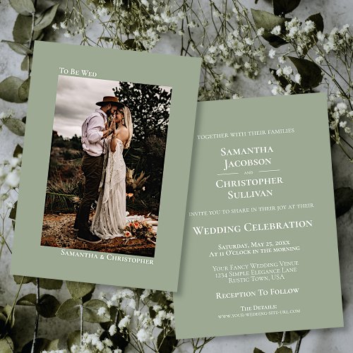 Minimalist Vertical Photo Sage Green Wedding Invitation