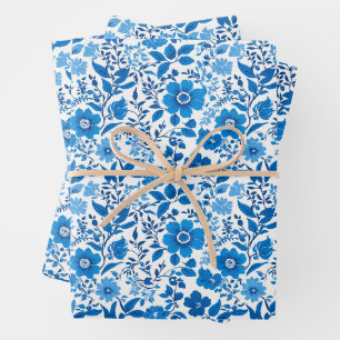 Minimalist vintage Blue White Flower chinoiserie Wrapping Paper Sheets