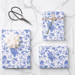 Minimalist vintage Blue White Flower chinoiserie Wrapping Paper Sheets