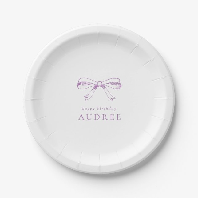 Minimalist Vintage Bow Purple Birthday Party Paper Plates (Front)