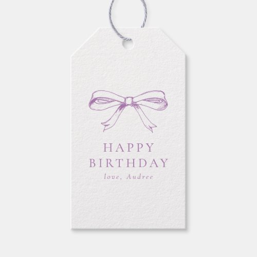 Minimalist Vintage Bow Purple Happy Birthday Gift Tags