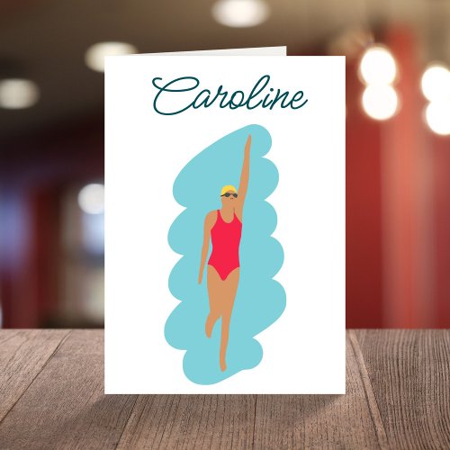 Minimalist vintage script swimming girl birthday card