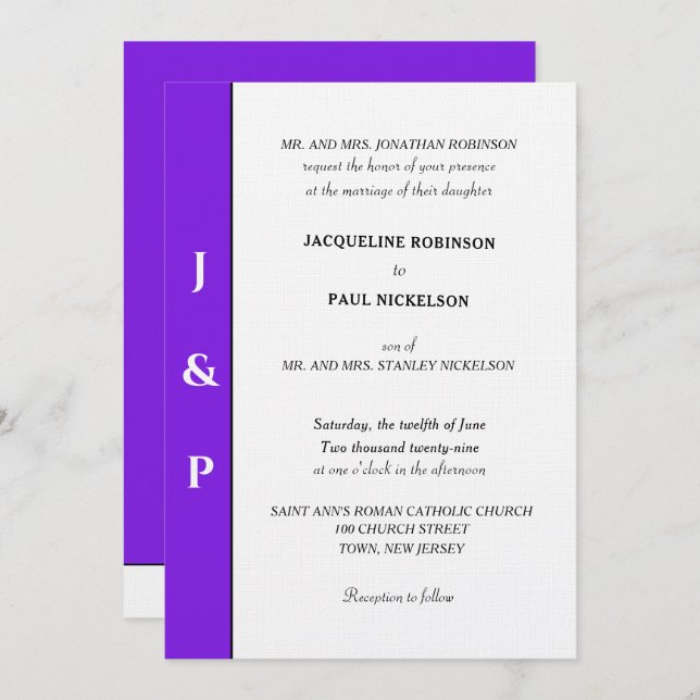 Minimalist Violet White Monogram  Invitation (Front/Back)