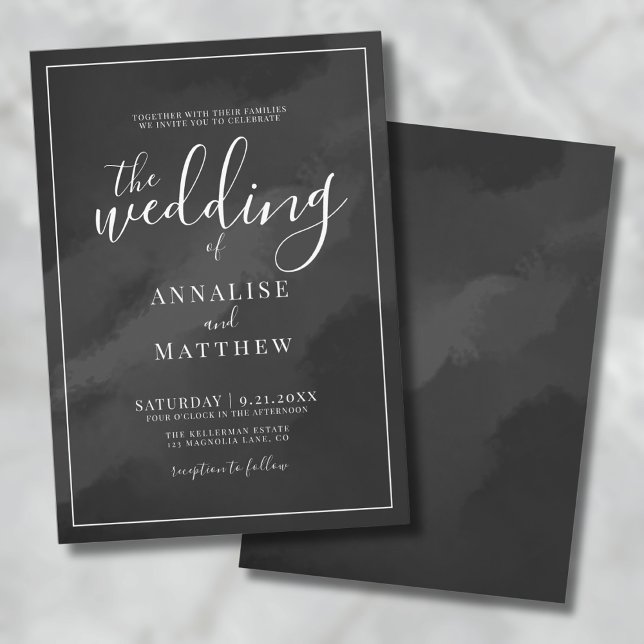 Minimalist Watercolor Black Wedding Invitation (Simple Minimalist Elegant Watercolor Black Wedding Invitation)