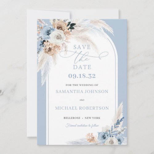 Minimalist watercolor blue and terracotta tropical save the date